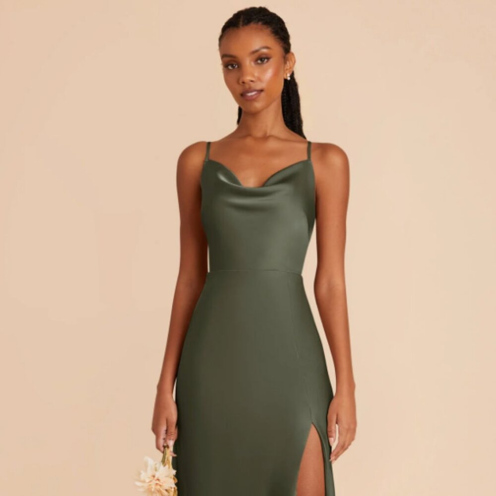 Lisa Long Dress- Matte Satin Olive - Picture 3 of 4